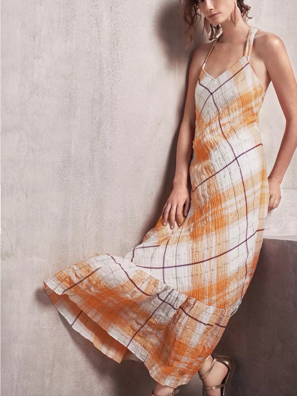HOLDING HORSES Anthropologie Orange & White Plaid Maxi Dress